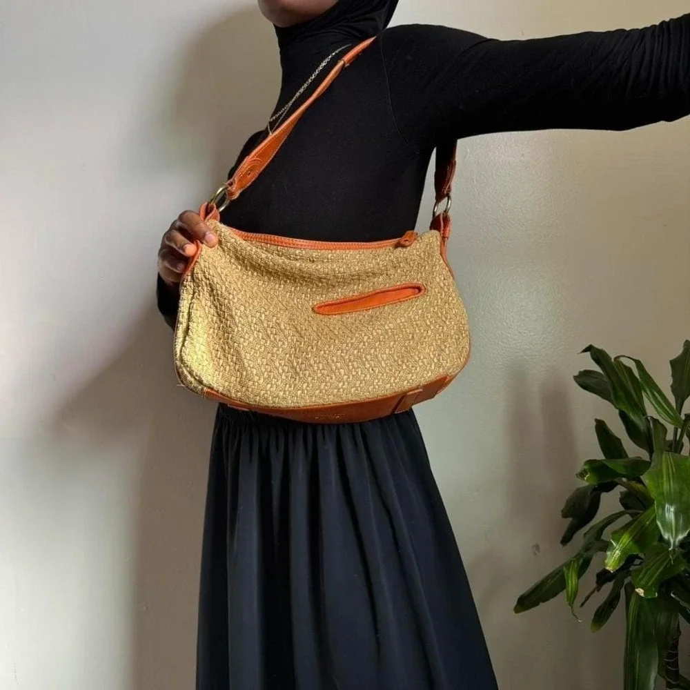 Vintage Y2K Stone‎ Mountain Straw & Leather Hobo Bag